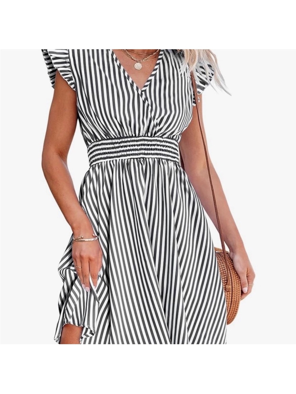 CUPSHE Women's Mini Dress V Neck Flutter Sleeve Striped